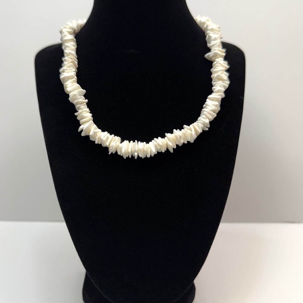 Glass White Shell Chip Collar Necklace Beachy Boho Surf Coastal Fashion Jewelry